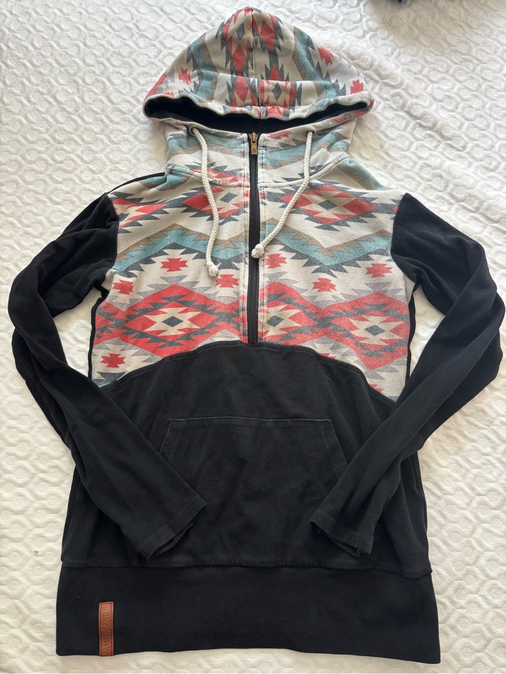AMPERSAND AVE Black Zip-Up Hoodie with Red & Teal Aztec Print
